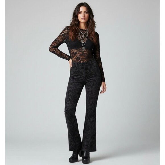 Y2K Black Floral Velvet Mid Rise Flare Jeans | Mob Wife Dark Academia Whimsigoth - Picture 9 of 10